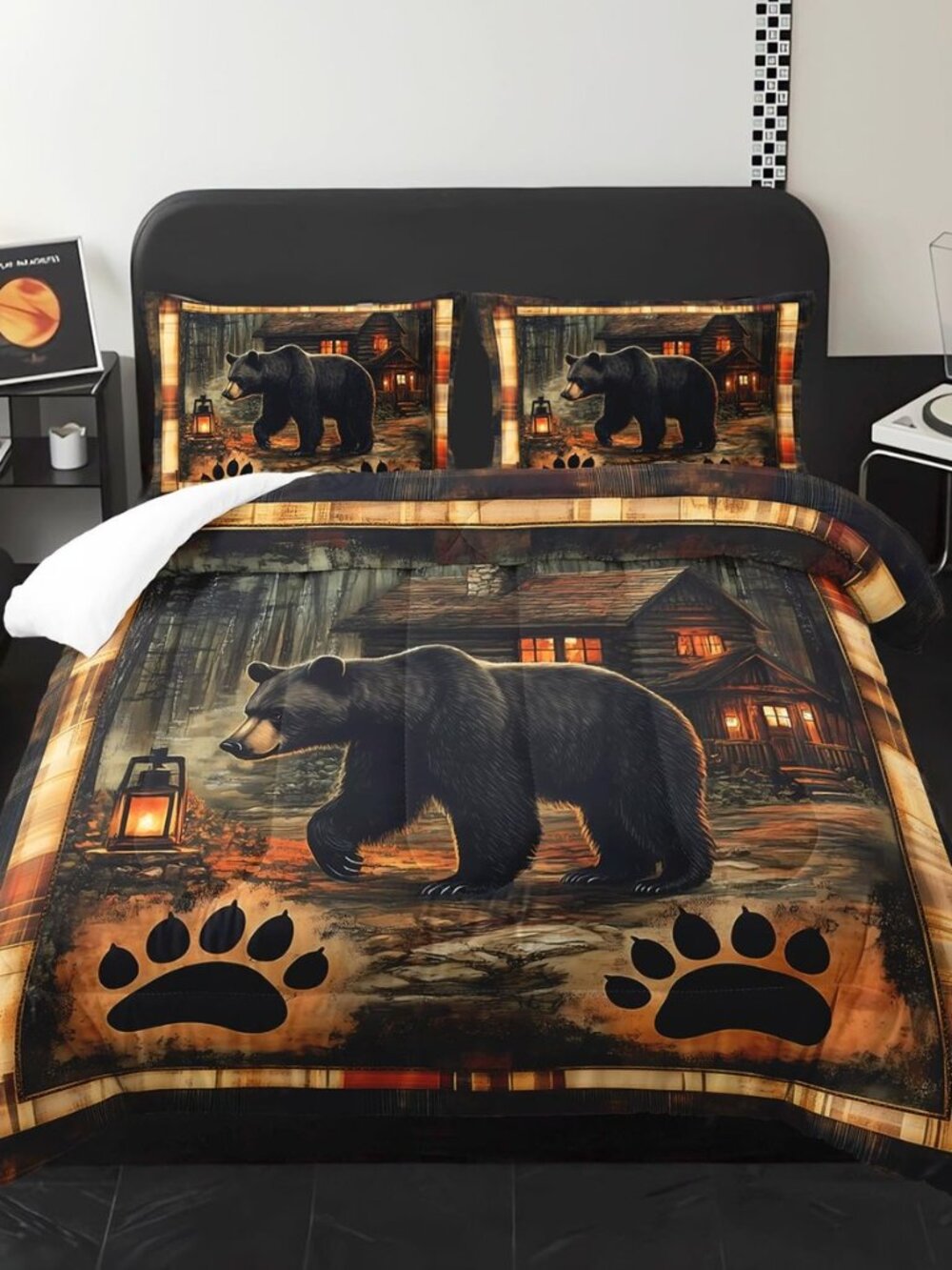 Rustic Black Bear Cabin Comforter 3Pcs Queen Wildlife Bear Claw Bedding Set